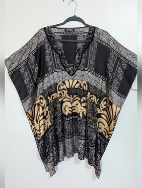 NWT Hale Bob Silk Velvet Detail Black & Gold Kimono Blouse Size Large